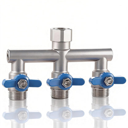 304 Stainless Steel Garden Hose Splitter 3 Way Heavy Duty, Full Flow T Valve Water Hose Splitter With 2.1" Extra Long Handle, Lead-free，3/4" GHT Thread Connector For Outdoor Spigot Faucet