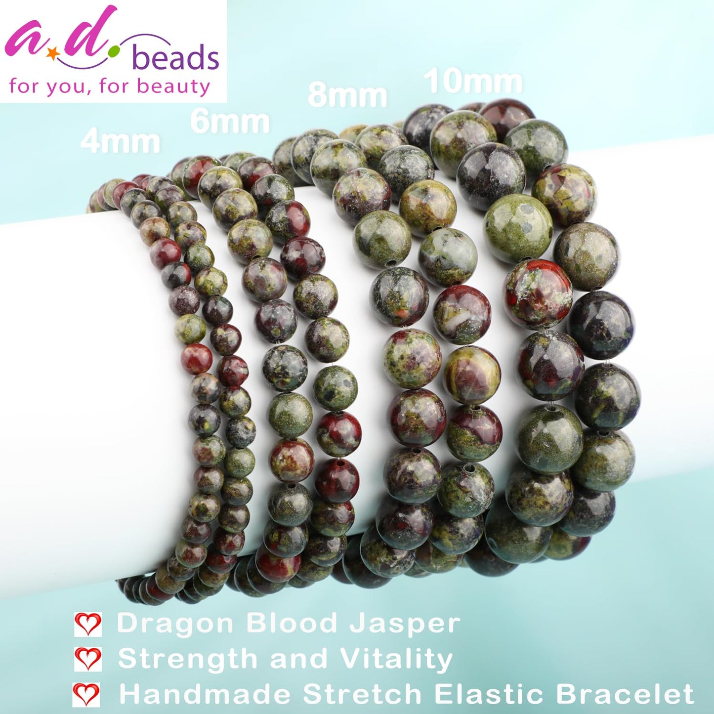 AD Beads 4mm Handmade Dragon Blood Jasper Elastic Bracelet – Natural Gemstone for Strength and Vitality – Meditation, Yoga, Healing and Energy Gift for Men Women