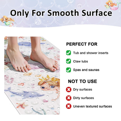 Topotdor Baby Bath Mat, Cartoon Bath Mat for Tub Non Slip Kids, 40x16 Inch Extra Long Toddler Bathtub Mat with Drain Holes & Suction Cups, Machine Washable Anti-Slip Shower Mat, Mermaid