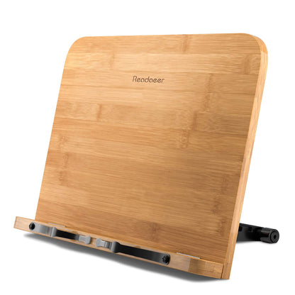 Readaeer Bamboo Book Stand, Large Book Holder with 6 Adjustable Height, Foldable Cookbook Stand Desktop Document Holder for Kitchen & Office (13.4 x 9.3 Inch)