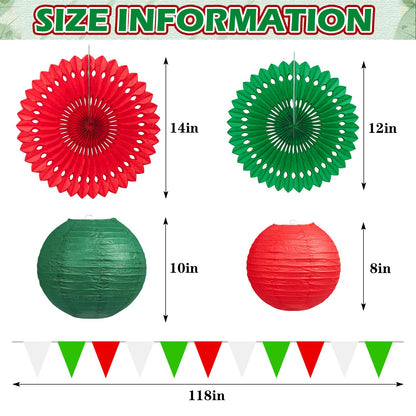 13 Pcs Red White Green Italian Party Decorations Set, Hanging Paper Lanterns & Fans, Mexican Fiesta Decor, Christmas Holiday Supplies, Reusable Eco-Friendly Party Backdrop Kit