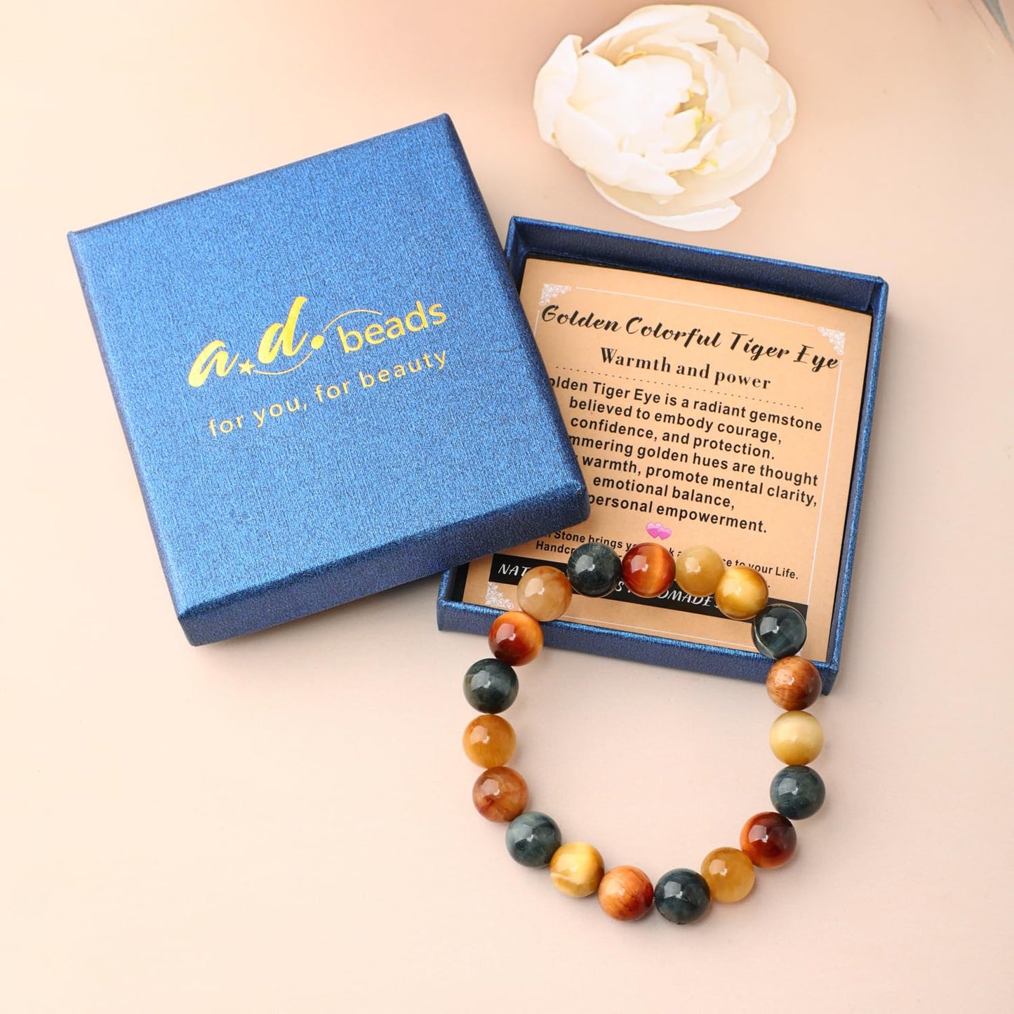 AD Beads 4mm Handmade Golden Colorful Tiger Eye Elastic Bracelet – Natural Gemstone for Warmth and power – Meditation, Yoga, Healing and Energy Gift for Men Women