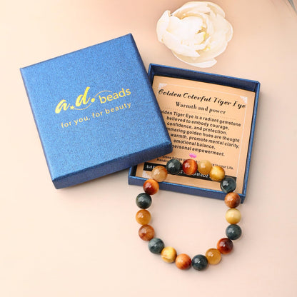 AD Beads 8mm Handmade Golden Colorful Tiger Eye Elastic Bracelet – Natural Gemstone for Warmth and power – Meditation, Yoga, Healing and Energy Gift for Men Women