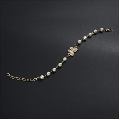 Dreuyet Pearl Beaded Bracelet for Women Trendy Cubic Zirconia Butterfly Starfish Cross Star Statement Bracelets Christmas Wedding Jewelry Gifts (butterfly)