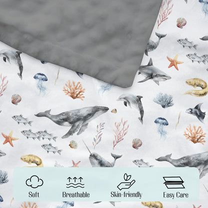 EyMzcod Mink Baby Boy Girl Blankets Under The Sea Animals, Ocean Creature Whale Shark Soft Double Layer Dotted Backing Receiving Swaddle, Newborn Infant Toddler Nursery Crib Bedding Shower Gift 30x40