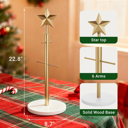ELYKEN 22.8 Inch Christmas Ornament Display Stand Tree for Desktop with Wooden Stable Base, 6 Metal Holder for Baubles and Holiday Decorations, Gold
