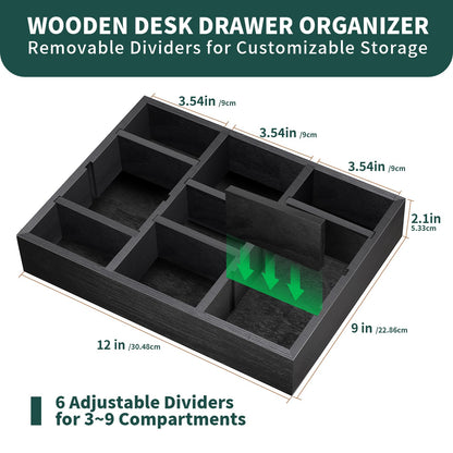 Wooden Desk Drawer Organizer, 9-Slot Office Organization and Storage Box, Adjustable Natural Wood Desktop Tray for Pens, Sticky Notes, and Small Accessories, Aesthetic Home Office Decor (12 x 9 In)