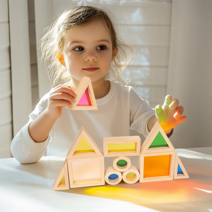 WOODENFUN Wood Building Blocks Set for Kids, 32 Pcs Rainbow Stacker Stacking Game Construction Toys Set Preschool Colorful Learning Educational Toys, Geometry Wooden Blocks for Boys Girls