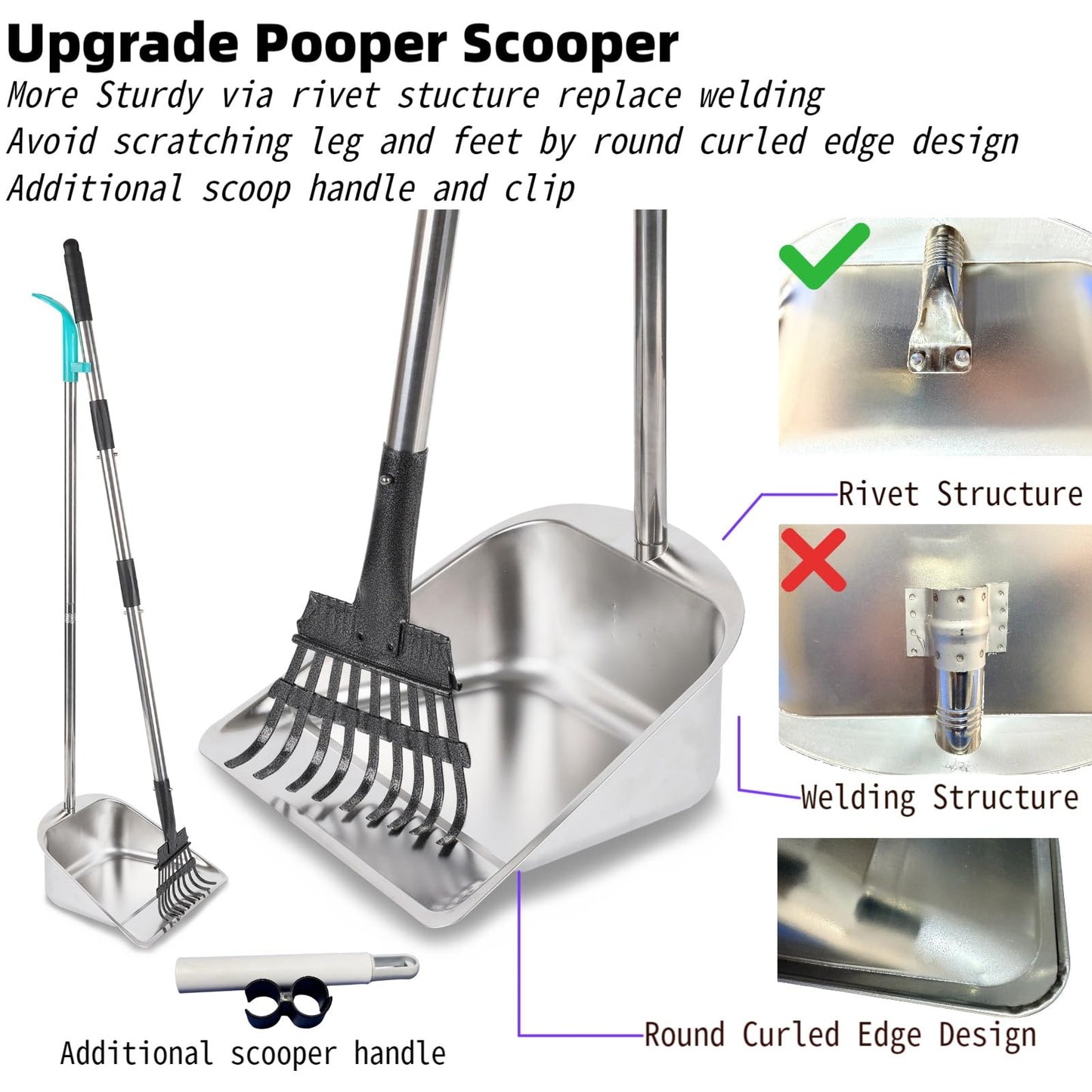 indiedouker Dog Pooper Scooper for Large Dogs with Large Capacity Tray and 36" Long Handle Rake,Stainless Steel Dog Poop Scooper for Dogs,Heavy Duty Dog Poop Scooper for Yard