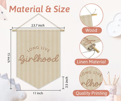 XYDEG Girl Nursery Decor, Long Live Girlhood Linen Canvas Banner, Neutral Striped Wall Hanging Pennant Flag Banner for Girl Nursery Toddler Kids Room Bedroom Dorm Playroom Decor, 15x11in