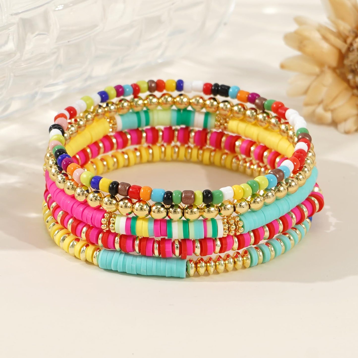 Bohxantium Gold Beaded Friendship Bracelets Stack for Women Boho Colorful Heishi Clay 14K Gold Plated Beads Ball Stackable Stretch Surfer Preppy Bracelet Jewelry Birthday Christmas Gifts for Women