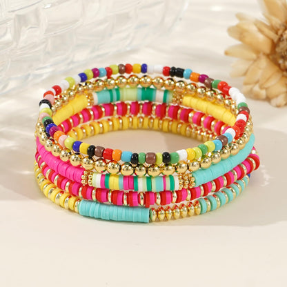 Bohxantium Gold Beaded Friendship Bracelets Stack for Women Boho Colorful Heishi Clay 14K Gold Plated Beads Ball Stackable Stretch Surfer Preppy Bracelet Jewelry Birthday Christmas Gifts for Women