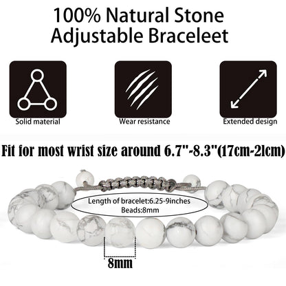 QOGIR Handmade Healing Stones Bracelet,8mm Natural White Howlite Gemstone Beads Bracelet,for Men Women Gifts with 2PCS Size Adjustable Rope Bracelets