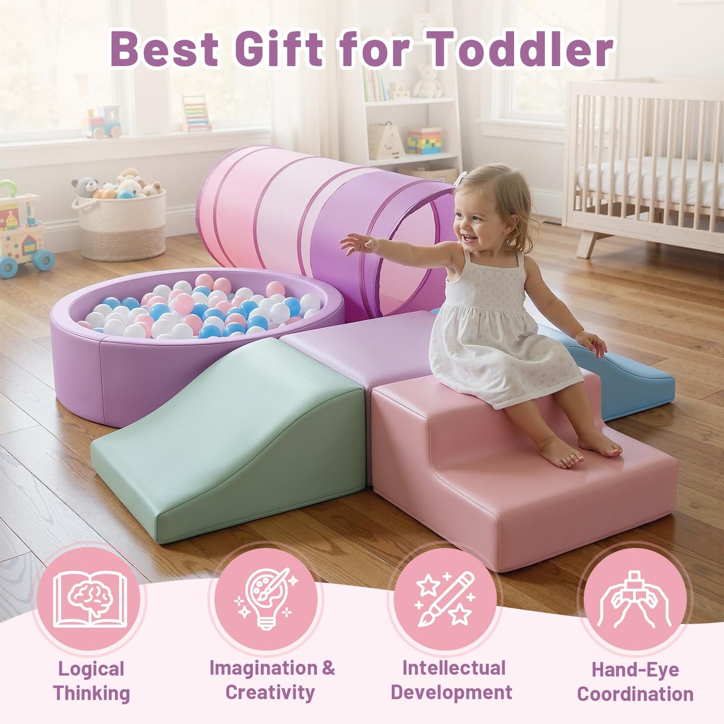 Hoohtoot Foam Climbing Toy for Toddler：with 4-Piece PU Leather Climbing Blocks, a Baby Ball Pit and Play Tunnel - Climb and Crawl Soft Play Set - Kids Crawling Obstacle Course Indoor Jungle Gym