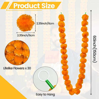 TWITTOOLS 4 Pcs Long Marigold Garland for Decoration, 5 Feet Artificial Orange Marigold Flowers Indian Pooja Diwali Home Wedding Mantle Decor