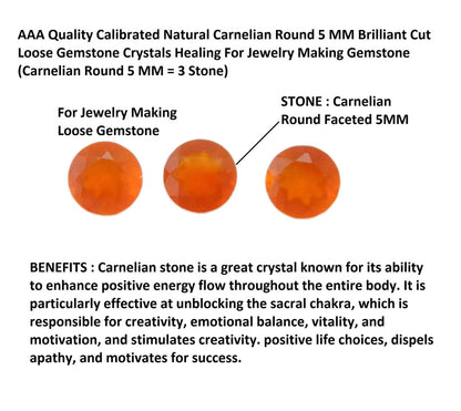 Myhealingworld Natural Carnelian 5mm round faceted brilliant cut AAA quality loose calibrated gemstones for jewelry making (BOX 1 - (Carnelian Round 5MM = 3 Stone)