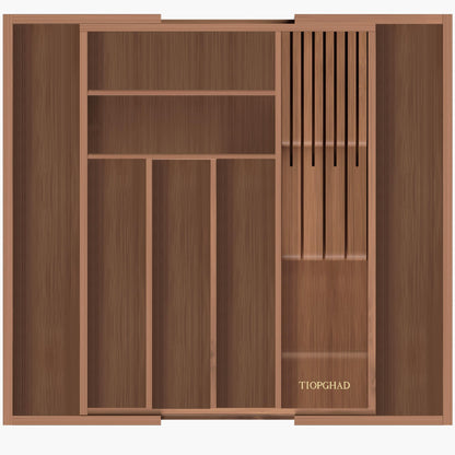 TIOPGHAD Bamboo-Silverware-Drawer-Organizer-Kitchen, Expandable Utensil Holder Cutlery Tray Flatware Organization Adjustable Wood Tableware Dividers Storage (with Removable Knife Block)(Brown)