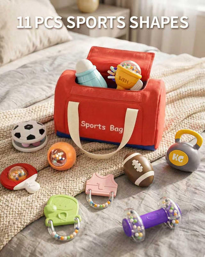 STACTCUTE 11 Pcs Baby Rattles Teether Toys Set, Sports Themed Gym Toy Bag for Infants 0-6 6-12 Months, Dumbbell & Ball Sensory Teething Toys, Newborn Boy Stuff 1st Birthday Shower Gifts