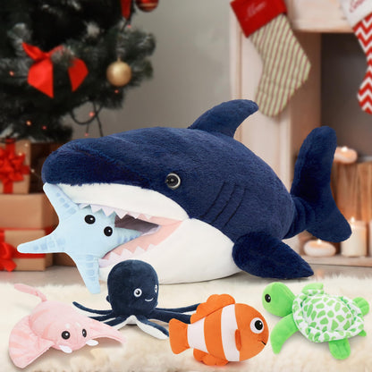 MaoGoLan 6Pcs Soft Shark Stuffed Animals with 5 Sea Animals Inside - Bulk Plush Toys Stuffed Shark Stingray Octopus Turtle Clown Fish Starfish, Kids Party Favors Valentine's Day Gifts Christmas