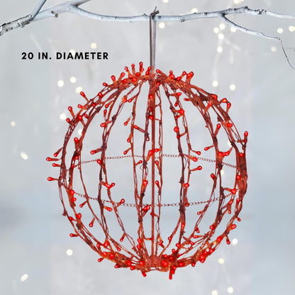Holiday Bright Lights 20" Brown Sphere Foldable Christmas Lights, Pathway Ball Light and Decoration for Indoor/Outdoor, Hanging Orb Lights for Backyard, Garden Patio and Garage LED - 200L Red