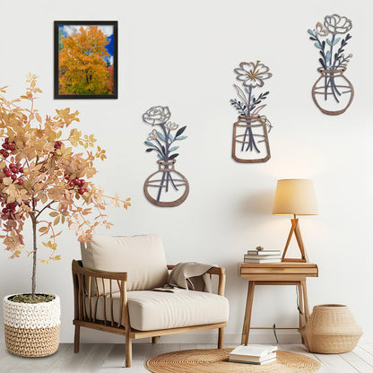 Lcaughsy Metal-Wall-Decor Living Room - 3 Pcs Metal Bathroom Wall Art Floral Vase and Picture Frame for Decoration- Hanging Display Wall Decor Art for Home Dining Room Bedroom Kitchen Farmhouse,Brown