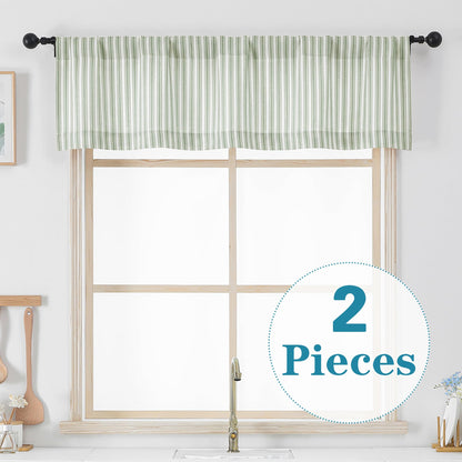 Chyhomenyc Striped Valances for Windows - Light Filtering Faux Linen Small Kitchen Valance Curtains, Boho Ticking Stripe Rod Pocket Farmhouse Valance for Living Room, 52Wx14L, 2 Pieces, Sage Green