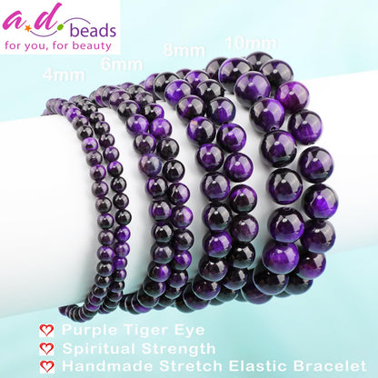 AD Beads 4mm Handmade Purple Tiger Eye Elastic Bracelet – Natural Gemstone for Peace and Tranquility – Meditation, Yoga, Healing and Energy Gift for Men Women