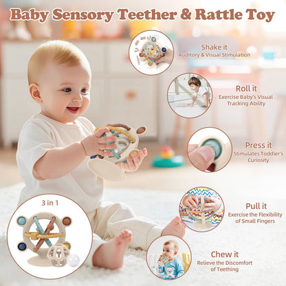 TYRY.HU Silicone Baby Teething Toys for Babies 0-6 6-12 Months, Multi Purpose High Chair Toys with Suction Cup, Baby Suction Table Toys, Montessori Sensory Toys with Rattle for Teething Relief, Khaki