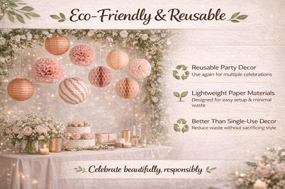 Decorative Paper Pom Poms and Lanterns Set, Rose Pink and White, Party Hanging Decor for Celebrations and Events