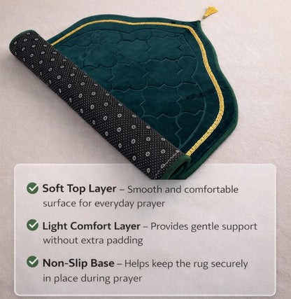 Islamika Prayer Mat Islamic Muslim Rug - Thick Padded mat Sajadah Men Women with Islam Prayer Beads for Eid Travel Ramadan, Soft and Padded (Green)
