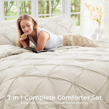 Sasttie Queen Comforter Set, 7-Piece Bed in a Bag, Pintuck Bedding Sets for All Season, Includes Comforter, Flat Sheet, Fitted Sheet, Pillowcases and Pillowshams, Beige
