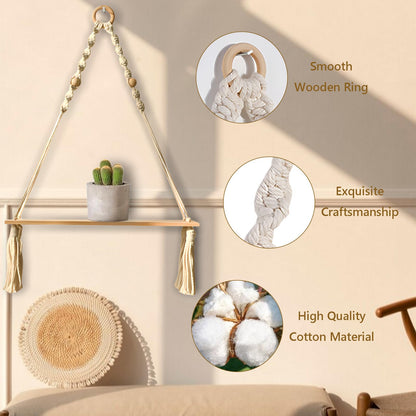 BusonQueen Boho Macrame Wall Hanging Shelves,Wooden Floating Shelves for Wall with Handmade Woven Rope for Home Decor