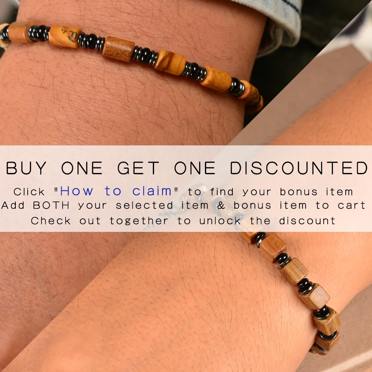 Casvia Mens Beaded Bracelet, Picture Stone, Hematite & Black Agate, Adjustable Stainless Steel Chain, Handmade Chakra Jewelry Gift for Dad Husband Boyfriend