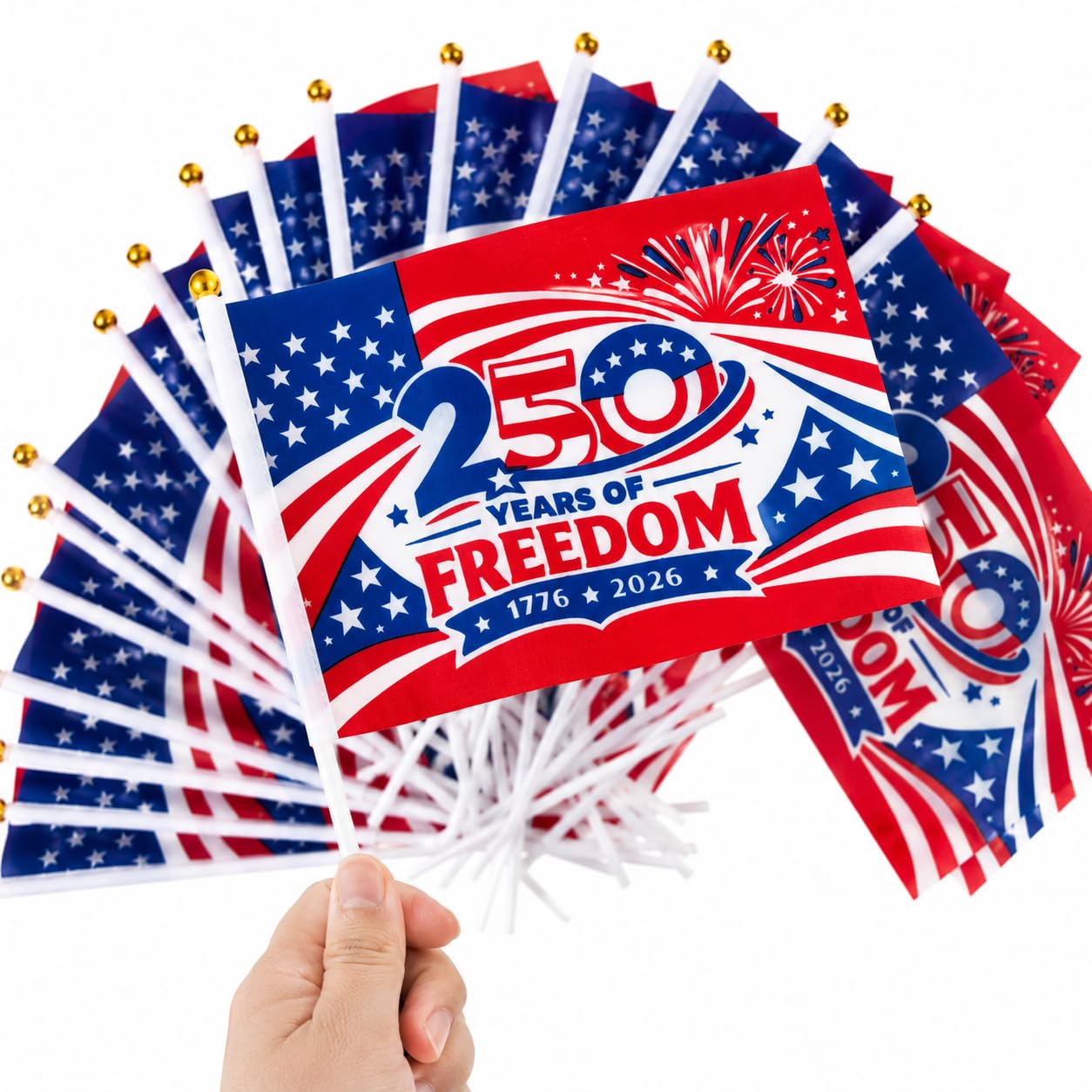 America 250th Anniversary Stick Flags 25/50 Pack – 1776-2026 Patriotic Hand Held American Flags, Small Mini USA Flags for Parade, Party, Classroom, Memorial Day, Independence Day & July 4th Decorations (50)