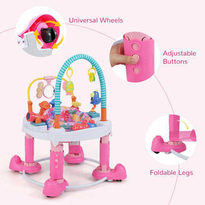 INFANS Baby Bouncer Activity Center, 5 in 1 Toddler Bouncing Activity Saucer Playtime Mat Activity Table with 360°Rotating Seat, 3 Adjustable Height, Foldable Exersaucer Learning Walker (Pink)