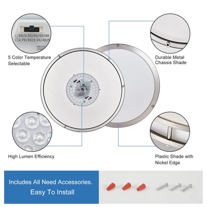 DLLT Flush Mount LED Ceiling Light: 13 Inch 5CCT (3000K-6000K) & Dimmable Ceiling Light Fixtures for Bedroom Hallway - 24W Modern Brushed Nickel Super Bright Kitchen Lighting Fixtures Ceiling