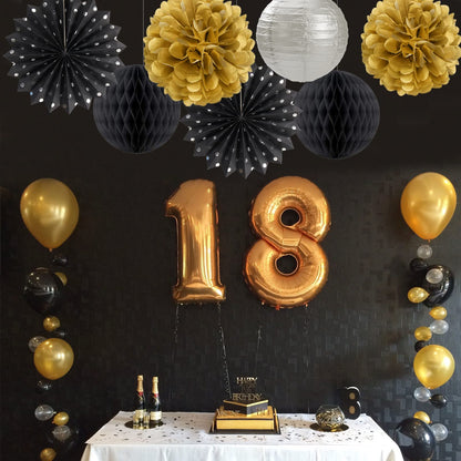 Black Gold Silver Party-Decorations Streamers-Lanterns - 14pcs Graduation 2026 Paper Fan,Tissue Flower Pom Poms Streamers,Honeycomb Balls,Men Birthday Wedding Baby Bridal Shower Decor Ouruola