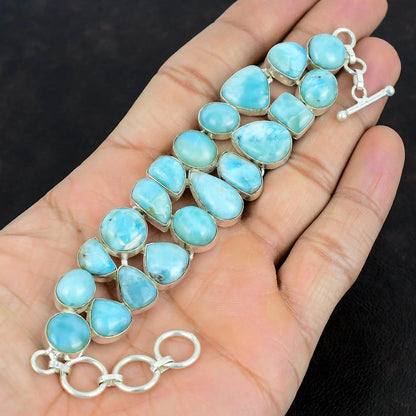 Solid 925 Sterling Silver Larimar Gemstone Bracelet – Natural Blue Larimar Stone, Women’s Stretch Silver Bracelet