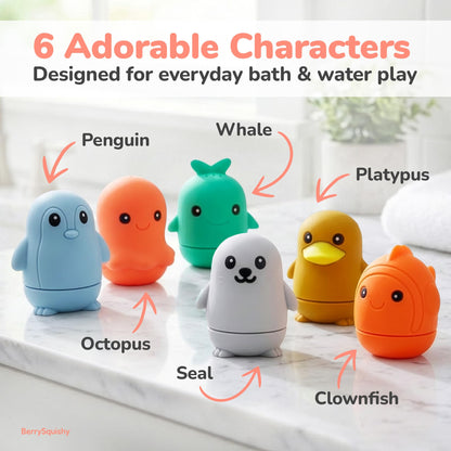 Ocean Friends Baby Bath Toys, Silicone Bath Toys for Babies 9 Months+, Toddler Bath Toys 1-3, Easy to Clean, Opens for Cleaning, 6-Piece Set