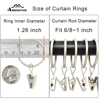 AMZSEVEN 40 Pack Curtain Rings with Clips, Drapery Clips with Rings, Drapes Rings 1.26 in Interior Diameter, Fits up to 1 in Curtain Rod, Matte Silver
