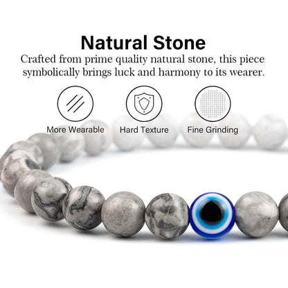 Lameybrt Evil Eye Bracelet 6mm Natural Stretch Adjustable Beaded Bracelets for Men (A06 Cartographic stone, M (6.6"-7.5"))