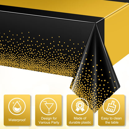 3Pcs Black and Gold Tablecloth Party Decorations,Plastic Black Table Cloth Printed Gold Table Runner Disposable Rectangle Tables Cover for Birthday Retirement Anniversary Graduation Party,54 x108 Inch