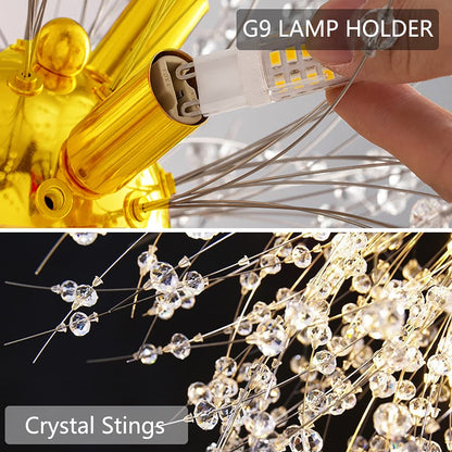 Mivenda Gold Crystal Chandeliers 9-Light Modern Firework Chandelier Dandelion Light Fixture,Bedroom Chandelier,Ceiling Hanging Lighting for Dining Room,Bedroom,Aisle