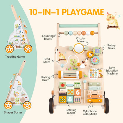 Wooden Baby Walker with Wheels, Push Walker with Baby Activity Center, Montessori Walking Toy for Girls Boys, Ajustable Speed & Height Activity Toy for Toddler Learning to Walk 12+ Months (Natural)