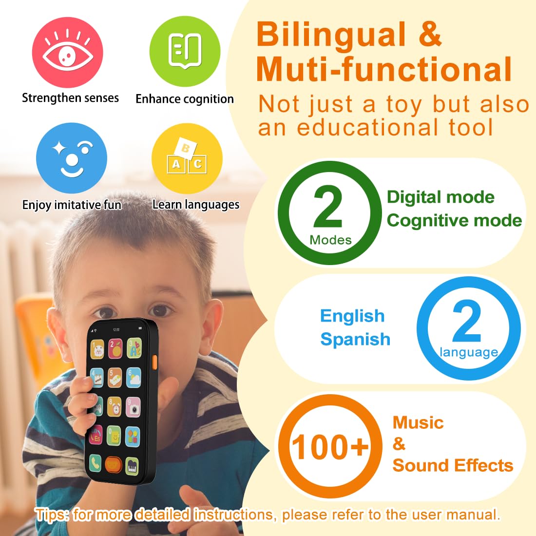 Bilingual Baby Phone Toy Phone for Toddler 1-3, Fun Early Learning Musical Baby Toys for 6-12 Months with Sounds and Light, English/Spanish, Gift for 1 Year Old Boys Girls Kids Infant, Black