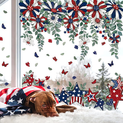 JOICEE 8 Sheets Patriotic Window Clings,4th of July Window Stickers Red White Blue Star Flower Butterfly Hanging Vine Floral Window Decals for Independence Day Home School Office Holiday Decoration