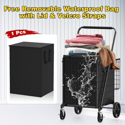 XING LANG 5.0 Cu Ft Folding Shopping Cart - 480 LB Capacity Grocery Cart with 360° Braked Swivel Wheels - Heavy Duty Utility Cart with Double Basket & Removable Waterproof Liner with Lid for Laundry