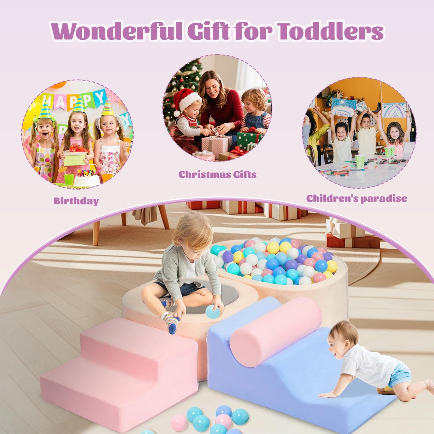 MIND&ACTION 6-Piece Toddler Climbing Toys Indoor, Climbing Toys for 1 Year Old, Soft Play Set Baby Foam Blocks for Toddler 1-3 (Ball Not Included)