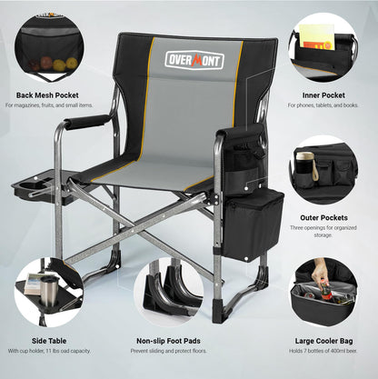 Overmont Oversized Lightweight Camping Chair - Portable Comfortable Heavy Duty Foldable Directors Chairs with Side Table & Cooler Bag for Outside Camp Beach Picnic Lawn and Fishing Supports 400lbs