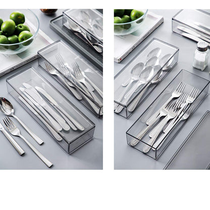 AIYoo Transparent Flatware Tray Kitchen Drawer Organizer With Lid - Plastic Kitchen Cutlery Tray and Utensil Silverware Storage Container with Cover - Dinnerware Holder for Spoons Forks Knives